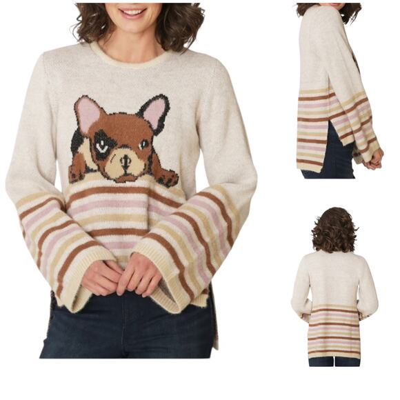 DG2 Diane Gilman French Bulldog Fuzzy Pullover Sweater Size XS Oversized - Picture 2 of 12